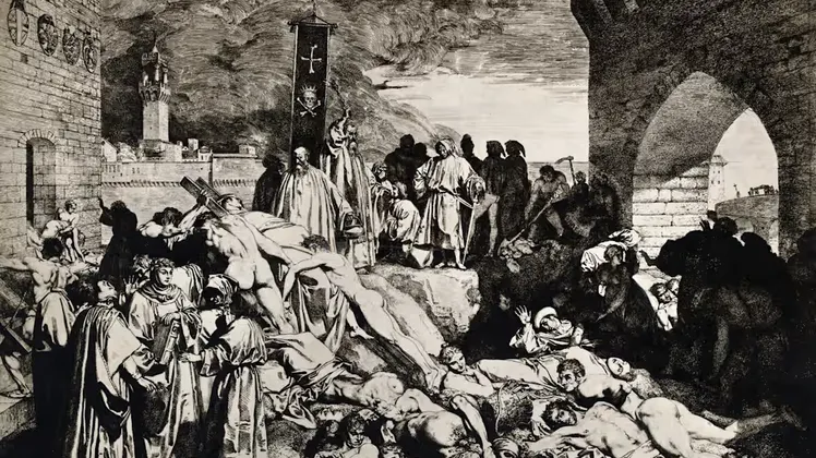 ব্ল্যাক ডেথ মহামারির সময় একটি শহরের দৃশ্য